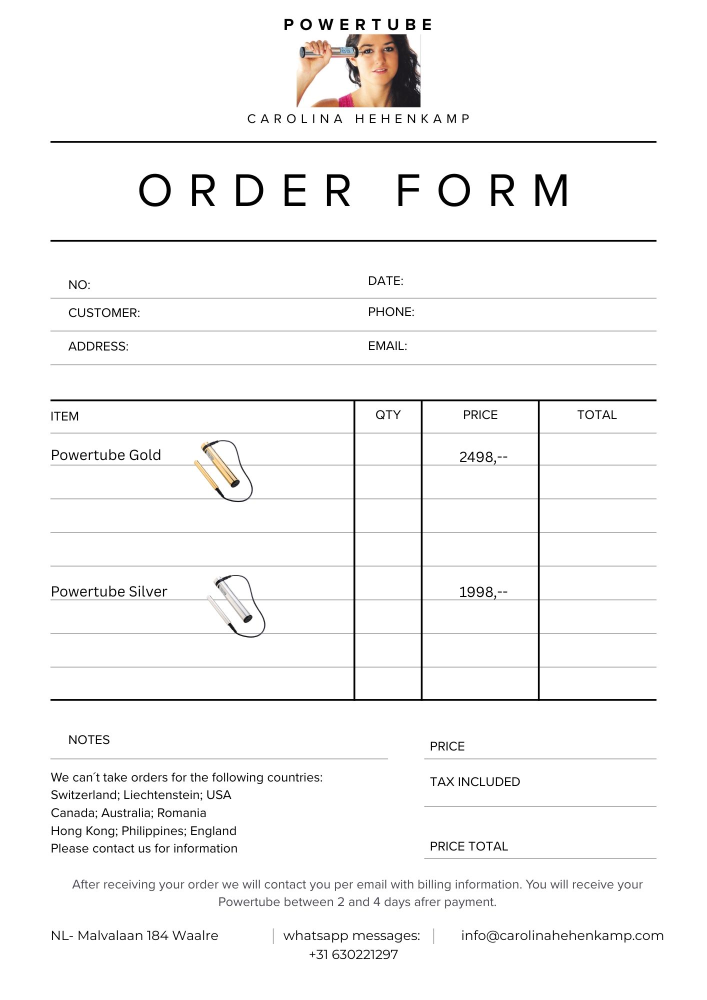 Order Form Powertube Gold & Silver